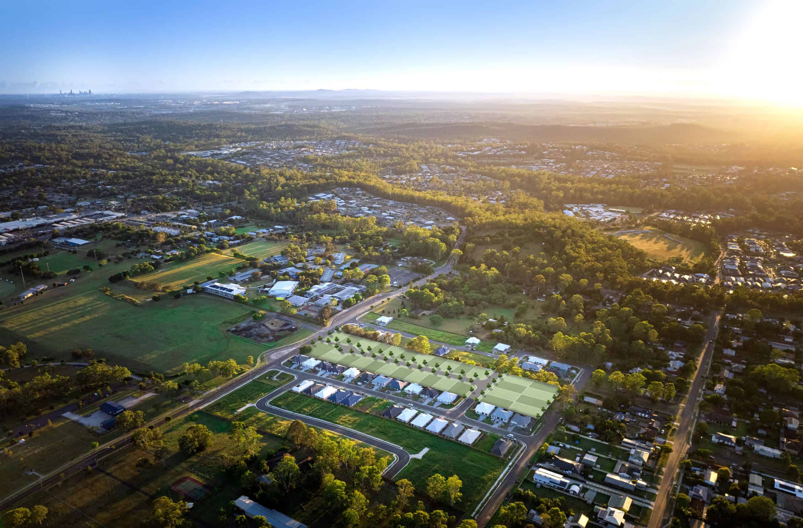Aerial view at sunset over a growing corner of South-East Queensland